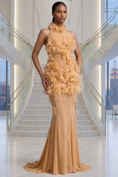 ELEGANT HIGH NECK FLORAL MESH BEIGE MAXI DRESS