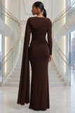 LONG SLEEVES SIDE TRAIN RUCHED DETAIL BROWN MAXI DRESS