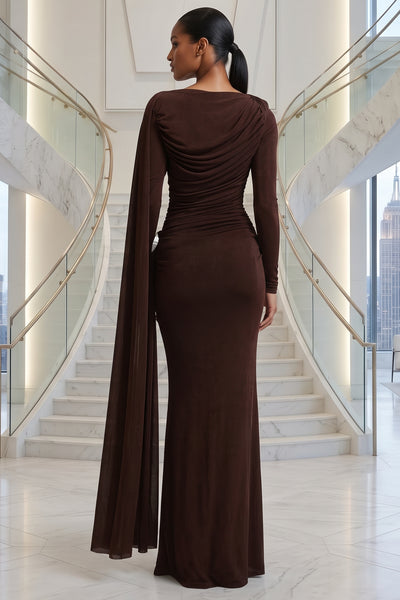 LONG SLEEVES SIDE TRAIN RUCHED DETAIL BROWN MAXI DRESS