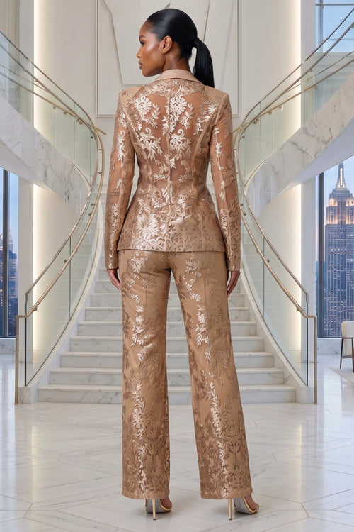 SEQUINS LACE SINGLE BUTTON BREASTED BLAZER AND PANTS SET (GOLD)