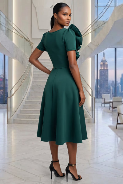 SCULPTURAL FLOWER RUFFLE DETAIL FLARE MIDI DRESS WITH POCKETS (HUNTER GREEN)