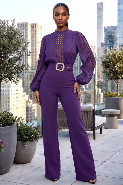 CROCHET DETAIL WOVEN TOP BELTED WIDE LEG JUMPSUIT (ULTRA VIOLET)