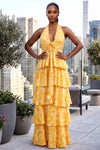 HALTER NECK TIERED OPEN BACK FLORAL MAXI DRESS (YELLOW)