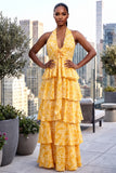 HALTER NECK TIERED OPEN BACK FLORAL MAXI DRESS (YELLOW)