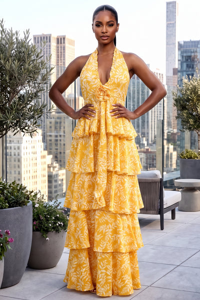 HALTER NECK TIERED OPEN BACK FLORAL MAXI DRESS (YELLOW)