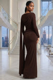 LONG SLEEVES SIDE TRAIN RUCHED DETAIL BROWN MAXI DRESS