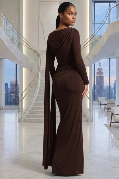 LONG SLEEVES SIDE TRAIN RUCHED DETAIL BROWN MAXI DRESS