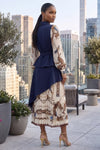 COLLARED PRINTED PLEATS DETAIL PEPULM LAYERED DRESS (NAVY MULTI)