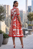 COLLAR BUTTON DOWN PAISLEY SELF-TIE MIDI DRESS (RED-WHITE)