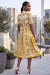 COLLAR BUTTON DOWN PAISLEY SELF-TIE MIDI DRESS (YELLOW-WHITE)
