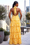 HALTER NECK TIERED OPEN BACK FLORAL MAXI DRESS (YELLOW)