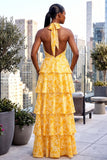 HALTER NECK TIERED OPEN BACK FLORAL MAXI DRESS (YELLOW)