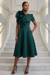 SCULPTURAL FLOWER RUFFLE DETAIL FLARE MIDI DRESS WITH POCKETS (HUNTER GREEN)