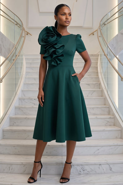 SCULPTURAL FLOWER RUFFLE DETAIL FLARE MIDI DRESS WITH POCKETS (HUNTER GREEN)