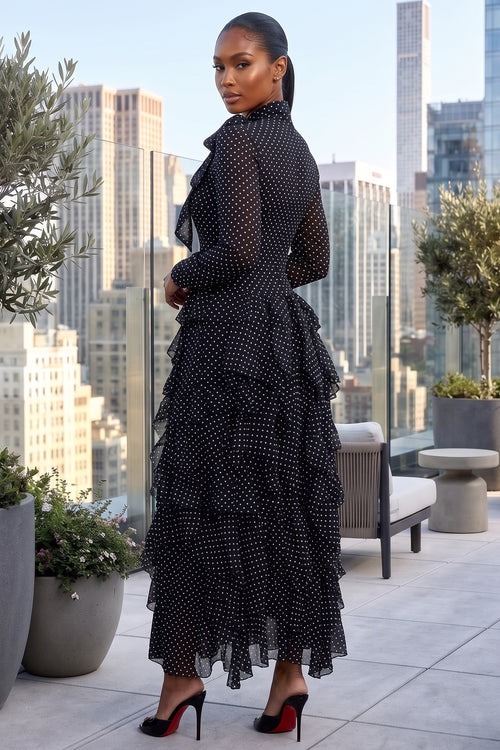 CASCADE RUFFLE POLKA DOT BOWKNOT CHIFFON MAXI DRESS (BLACK/WHITE)