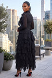 CASCADE RUFFLE POLKA DOT BOWKNOT CHIFFON MAXI DRESS (BLACK/WHITE)