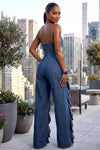 RODEO CASCADING RUFFLE WIDE LEG DENIM JUMPSUIT (DENIM BLUE)