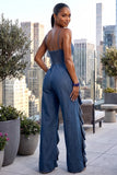 RODEO CASCADING RUFFLE WIDE LEG DENIM JUMPSUIT (DENIM BLUE)