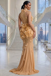 ELEGANT HIGH NECK FLORAL MESH BEIGE MAXI DRESS