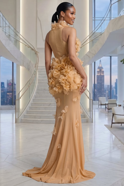 ELEGANT HIGH NECK FLORAL MESH BEIGE MAXI DRESS