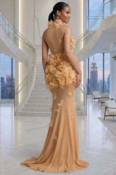 ELEGANT HIGH NECK FLORAL MESH BEIGE MAXI DRESS