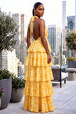 HALTER NECK TIERED OPEN BACK FLORAL MAXI DRESS (YELLOW)