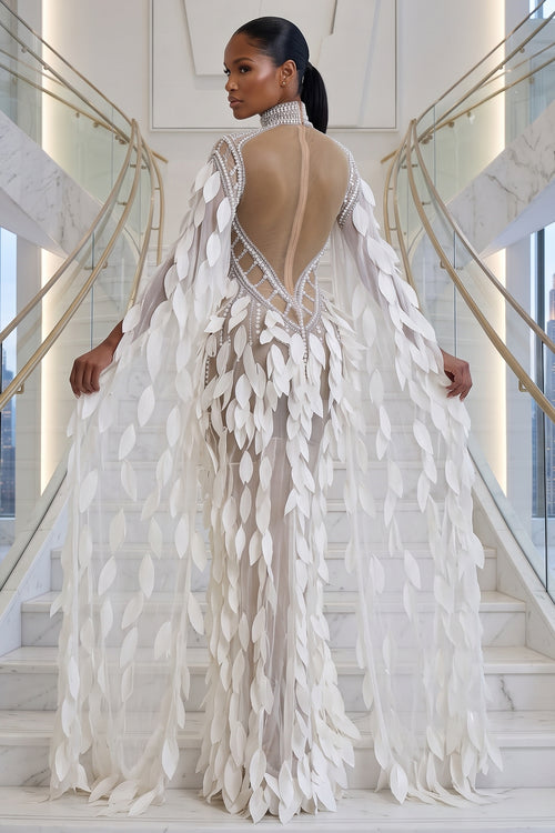3D LEAF CRYSTAL AND PEARL EMBELLISHED MESH SEE THROUGH MAXI DRESS