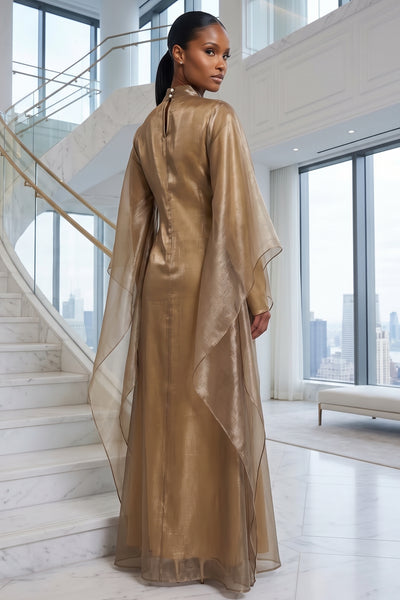 FLUID ORGANZA STAND COLLAR CAPE AND MAXI DRESS SET (GOLD)