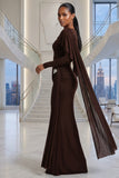 LONG SLEEVES SIDE TRAIN RUCHED DETAIL BROWN MAXI DRESS