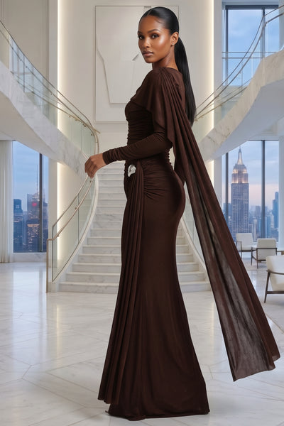 LONG SLEEVES SIDE TRAIN RUCHED DETAIL BROWN MAXI DRESS