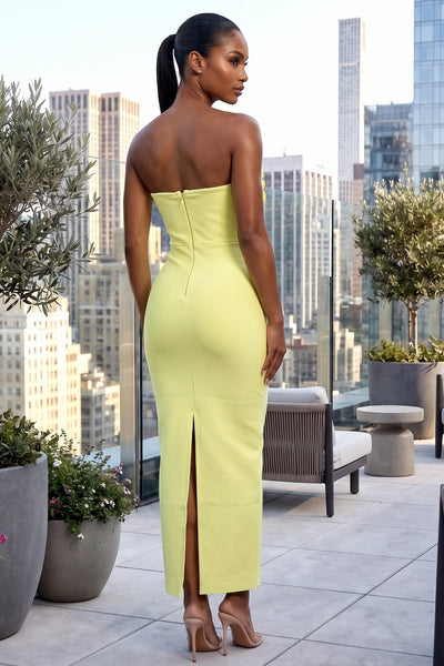 BUTTER YELLOW RUFFLE STRAPLESS BANDAGE MAXI DRESS