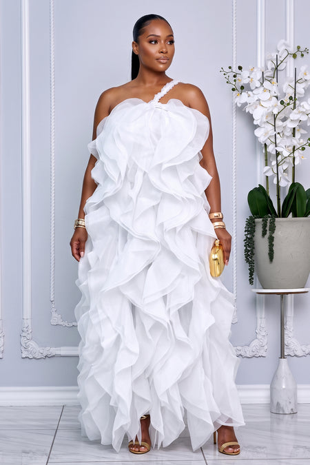 BUTTON-FRONT SHEER FLORAL OVERLAY TIERED RUFFLE MAXI DRESS