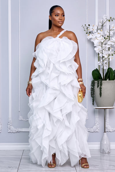 ONE SHOULDER STRAP LAYERED RUFFLE TIERED MAXI DRESS (WHITE)