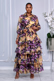 BUTTON-FRONT SHEER FLORAL OVERLAY TIERED RUFFLE MAXI DRESS