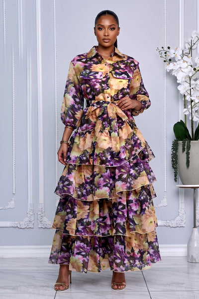 BUTTON-FRONT SHEER FLORAL OVERLAY TIERED RUFFLE MAXI DRESS