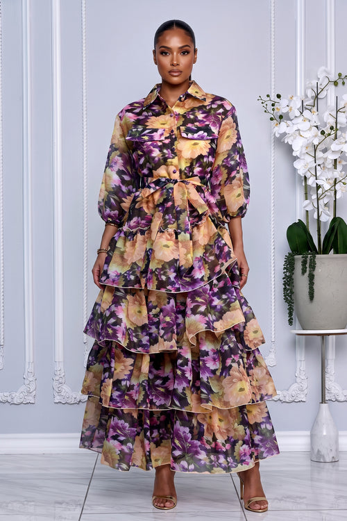 BUTTON-FRONT SHEER FLORAL OVERLAY TIERED RUFFLE MAXI DRESS