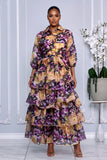 BUTTON-FRONT SHEER FLORAL OVERLAY TIERED RUFFLE MAXI DRESS