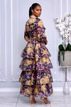BUTTON-FRONT SHEER FLORAL OVERLAY TIERED RUFFLE MAXI DRESS