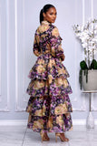 BUTTON-FRONT SHEER FLORAL OVERLAY TIERED RUFFLE MAXI DRESS