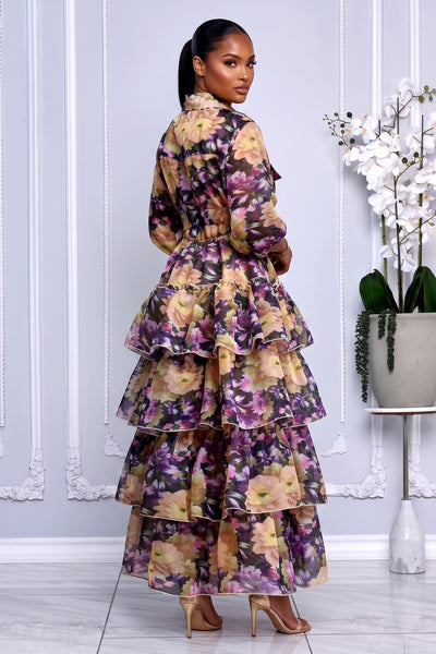 BUTTON-FRONT SHEER FLORAL OVERLAY TIERED RUFFLE MAXI DRESS