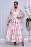 FLORAL PRINT SELF-TIE WRAP AROUND FLARE DRESS (PINK MULTI)
