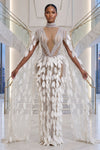 3D LEAF CRYSTAL AND PEARL EMBELLISHED MESH SEE THROUGH MAXI DRESS