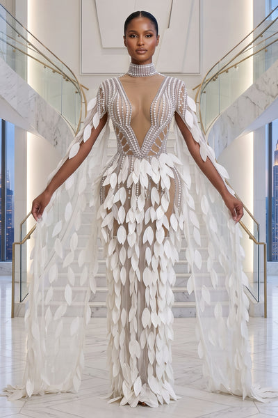 3D LEAF CRYSTAL AND PEARL EMBELLISHED MESH SEE THROUGH MAXI DRESS