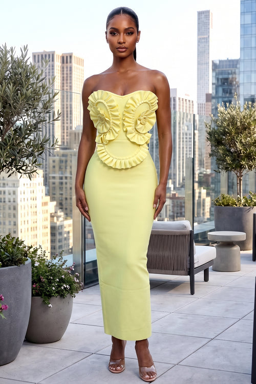 BUTTER YELLOW RUFFLE STRAPLESS BANDAGE MAXI DRESS