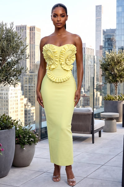 BUTTER YELLOW RUFFLE STRAPLESS BANDAGE MAXI DRESS