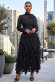 CASCADE RUFFLE POLKA DOT BOWKNOT CHIFFON MAXI DRESS (BLACK/WHITE)