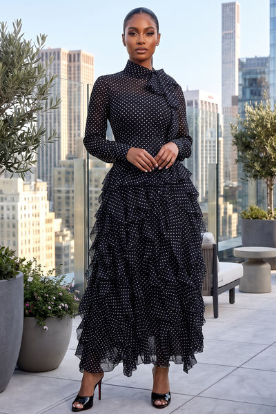 CASCADE RUFFLE POLKA DOT BOWKNOT CHIFFON MAXI DRESS (BLACK/WHITE)