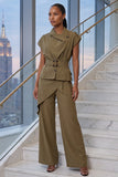 OLIVE TRENCH TOP AND ASYMMETRICAL LAYERED DETAIL PANTS SET