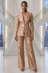 SEQUINS LACE SINGLE BUTTON BREASTED BLAZER AND PANTS SET (GOLD)
