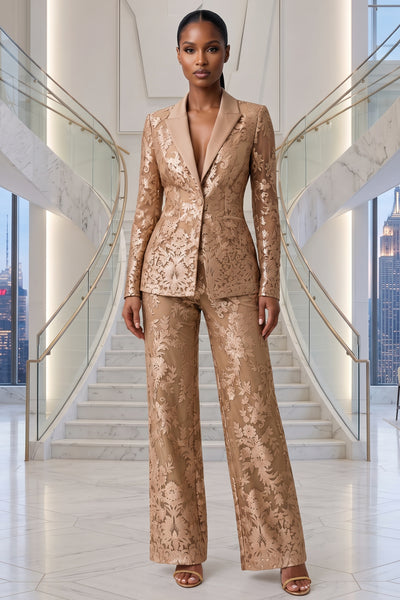 SEQUINS LACE SINGLE BUTTON BREASTED BLAZER AND PANTS SET (GOLD)